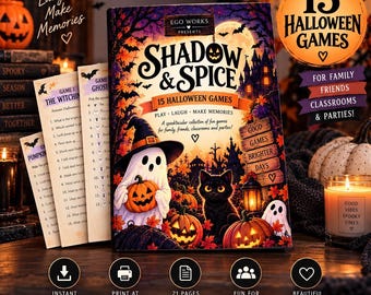 Printbare Halloween-feestspelletjes, een PDF-bundel met 15 spelletjes voor familie en in de klas.