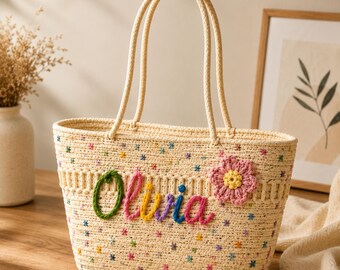 Custom Name Tote, Woven Cotton With Crochet Flower