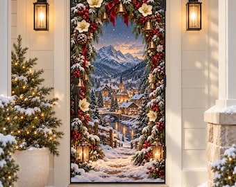 Christmas Door Cover, Stretch Fabric Door Wrap, Holiday Interior Door Decor, Printed Door Banner, 32 x 78.7 in