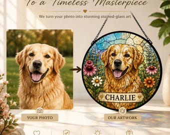 May include: A circular stained-glass art piece featuring a golden retriever portrait with the name CHARLIE on a banner. The artwork is surrounded by colorful flowers and a mosaic background, suspended by a black chain, showcasing a custom pet design.