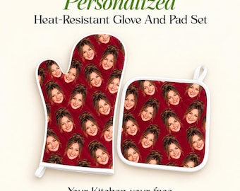 Custom Photo Oven Mitt and Pot Holder Set, Funny Face Kitchen Gift, Personalized Baking Gift for Mom