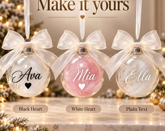 Personalized Christmas Ornament, 8cm Feather Bauble with Custom Name and Bow, White or Pink