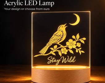 Personalized Acrylic LED Lamp with Wood Base, Custom Design or Name, USB Night Light, Christmas Gift
