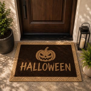 May include: A rectangular doormat with a dark brown center and a light tan braided border. The center features a tan jack-o'-lantern graphic above the text HALLOWEEN in a stylized, distressed font. The mat is positioned on a tiled floor.
