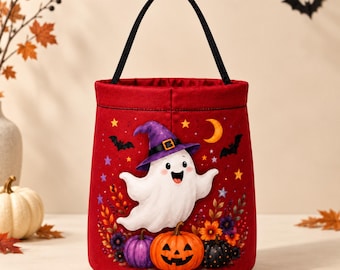 Custom Name Basket, Red Gingham Canvas With Halloween Artwork
