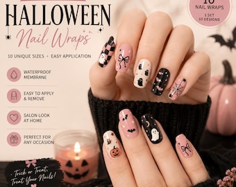 Halloween Nail Wraps, 100 Decals in 10 Sizes with Waterproof Membrane