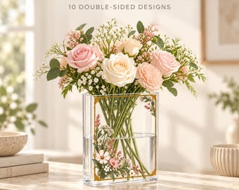 Clear Acrylic Book Vase, Double-Sided Floral Print, Slim Rectangular Flower Holder (5.9" W)