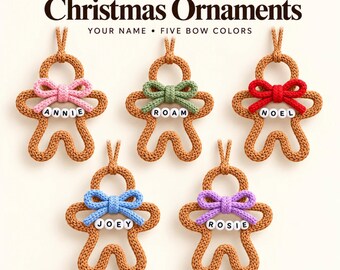 Personalized Gingerbread Christmas Ornament with Name Beads and Knitted Bow, 5 Colors