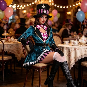 Mad Hatter Costume Set Adults, Wonderland Magician Cosplay Outfit with Hat, Circus Ringmaster Halloween Suit, Vintage Fantasy Costume
