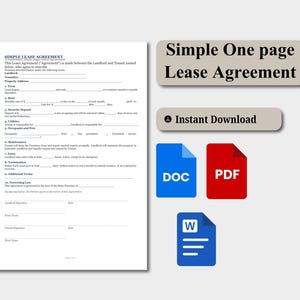 May include: A white document titled Simple Lease Agreement with blank fields for landlord and tenant information, accompanied by text boxes stating Simple One page Lease Agreement and Instant Download, plus blue DOC, red PDF, and blue Word icons.