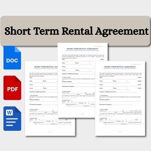 May include: A digital document template titled Short Term Rental Agreement with three overlapping pages of text and fields for host and guest information. To the left are three vertical icons labeled DOC, PDF, and W, representing file formats.