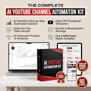 May include: The Complete AI YouTube Channel Automaton Kit includes a laptop displaying a YouTube dashboard, a tablet showing an AI automation workflow, a smartphone, and a box labeled AI YouTube Automation Kit with red and black branding.