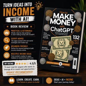 May include: A black book titled How to Make Money with ChatGPT featuring robot icons and currency illustrations. The cover includes text about writing content, researching markets, and managing finances. A review box shows a 4.5/5 rating and text.