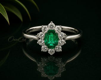 Oval Emerald Halo Ring in 925 Sterling Silver, CZ Dainty May Birthstone Gift for Her