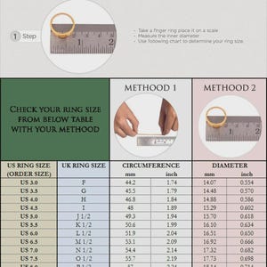 May include: An instructional ring size chart featuring two methods for measurement. Method 1 shows wrapping paper around a finger and measuring the length with a ruler. Method 2 shows measuring the inner diameter of a gold ring with a metal ruler.