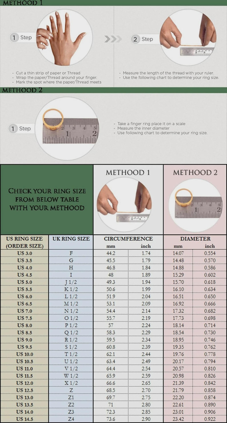 May include: An instructional ring size chart featuring two methods for measurement. Method 1 shows wrapping paper around a finger and measuring the length with a ruler. Method 2 shows measuring the inner diameter of a gold ring with a metal ruler.