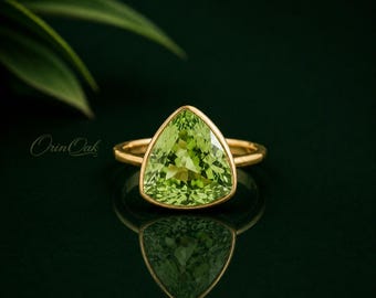 Peridot 925 Sterling Silver Ring, Trillion Cut Bezel Set August Birthstone Gift for Him