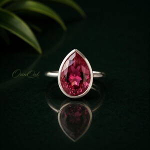 Ruby Sterling Silver Pear Cut Solitaire Ring, Bezel Setting, July Birthstone Gifts