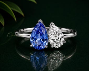 Anillo Toi Et Moi de tanzanita y moissanita, anillo de compromiso de plata de ley 925 con dos piedras.