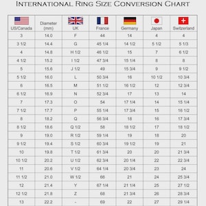 May include: An International Ring Size Conversion Chart featuring a table with columns for US/Canada, diameter in mm, UK, France, Germany, Japan, and Switzerland. The chart lists ring sizes ranging from 3 to 13 in the US/Canada column with corresponding values.