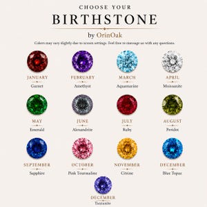 May include: A birthstone chart by OrinOak featuring thirteen circular gemstones in various colors. Each stone is labeled with its corresponding month and name, including Garnet, Amethyst, Aquamarine, Moissanite, Emerald, Alexandrite, Ruby, Peridot, Sapphire, Pink Tourmaline, Citrine, Blue Topaz, and Tanzanite.