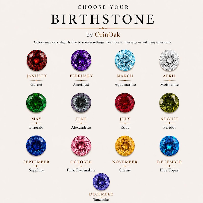 May include: A birthstone chart by OrinOak featuring thirteen circular gemstones in various colors. Each stone is labeled with its corresponding month and name, including Garnet, Amethyst, Aquamarine, Moissanite, Emerald, Alexandrite, Ruby, Peridot, Sapphire, Pink Tourmaline, Citrine, Blue Topaz, and Tanzanite.