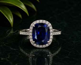 Blue Sapphire 925 Sterling Silver Cushion Cut Ring, Halo Engagement Ring, Gift For Her