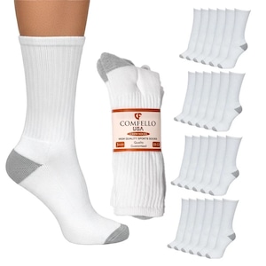 May include: A set of white crew socks with grey heels and toes. The packaging features the text COMFELLO USA CREW SOCKS HIGH QUALITY SPORTS SOCKS 3 PAIRS Quality Guaranteed 10-13. The socks are ribbed and shown in a bulk pack of twenty pairs.