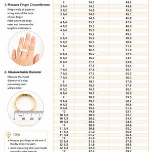 May include: A ring size chart featuring US sizes 3 to 15, including columns for inside diameter and finger circumference in millimetres. It provides instructions for measuring finger circumference and inside diameter, along with helpful tips.