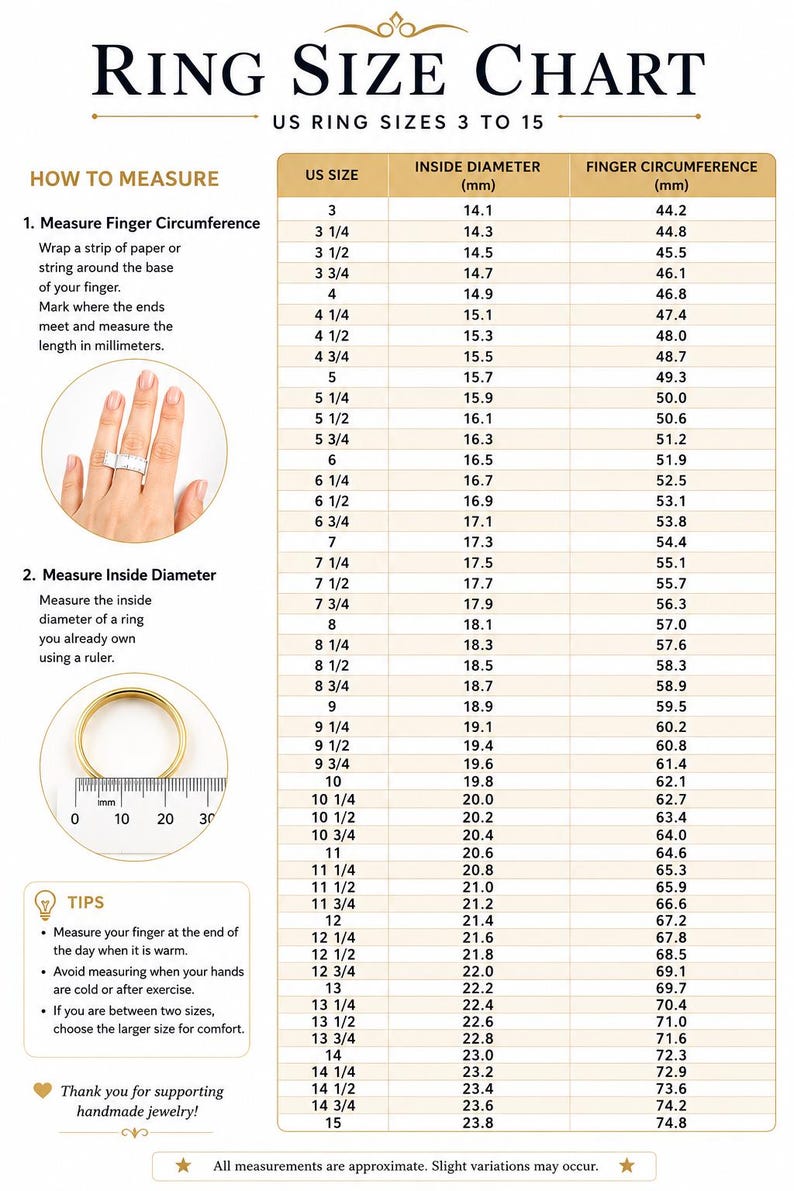 May include: A ring size chart featuring US sizes 3 to 15, including columns for inside diameter and finger circumference in millimetres. It provides instructions for measuring finger circumference and inside diameter, along with helpful tips.