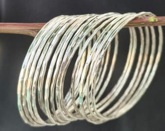 Sterling Silver Hammered Bangles | Stack Bangles Set of 14 | Minimalist Stacking Bangles | Boho Bangles For Women