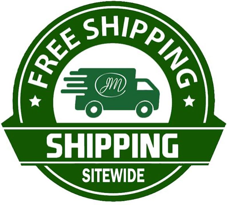 May include: A circular green and white emblem featuring a stylised delivery truck icon with the letters JM inside an oval. The text reads FREE SHIPPING in an arc at the top, SHIPPING in the centre, and SITEWIDE at the bottom with two stars.