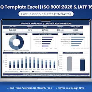 May include: A digital laptop screen displaying a Cost of Poor Quality tracker dashboard with data tables, a pie chart, and bar graphs. The screen includes text headers for COPQ Template Excel, ISO 9001:2026, IATF 16949, and Excel & Google Sheets templates.