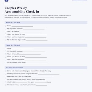 Peut inclure: Un formulaire papier blanc intitulé Couples Weekly Accountability Check-In avec des sections pour que le partenaire A et le partenaire B remplissent indépendamment. Il comprend des champs pour les objectifs, les obstacles et les réussites, ainsi qu'une section de conversation.