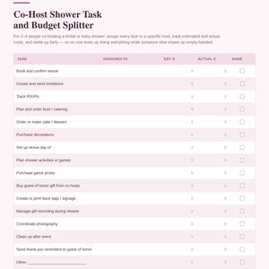 Könnte beinhalten: Ein hellrosa Co-Host Shower Task and Budget Splitter Dokument mit einer Tabelle, die Spalten für Aufgaben, Zuständigkeiten, geschätzte Kosten, tatsächliche Kosten und den Erledigungsstatus enthält. Der Text enthält Anweisungen für Babypartys.