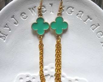 Gold Tassel Earrings, Enamel Boho Earrings Gold Plated, Dangle Earrings Green Clover Dainty Dangles Oriental Earrings Jewelry Gift for women