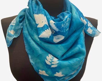 Blue Silk Chiffon Squared Scarf / Silk Scarf with Fern and Hydrangea / Floral Neck Scarf / Botanical Printed Scarf / Vibrant handmade Scarf