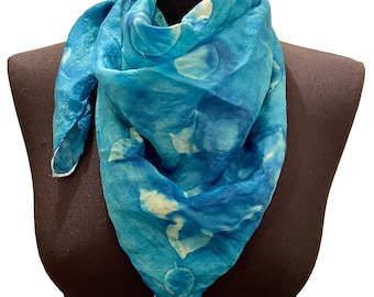 Silk Chiffon Squared Scarf Handmade 29x29 in 74x74 cm / Blue Green neck scarf Hand painted foulard / Leaf printed scarf / modern Boho scarf