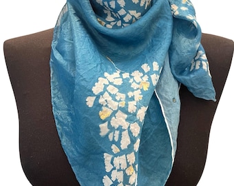 Floral Silk Scarf Square / Botanical Print  Silk Scarf / Indigo blue gold chiffon silk scarf / green foulard with leaves / gift for women