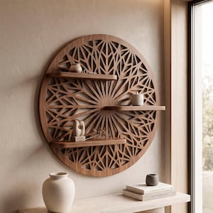 Op de afbeelding: Een cirkelvormige houten wandplank met een ingewikkeld lasergesneden geometrisch patroon dat doet denken aan een zonnestraal. Het object bevat drie horizontale planken bevestigd aan het frame, met kleine decoratieve items.