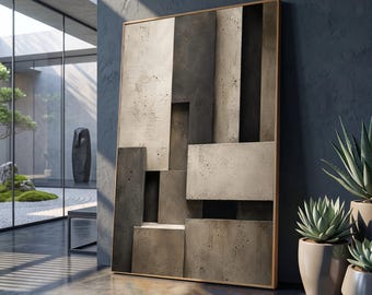 May include: A rectangular wall art piece featuring a layered, abstract composition of vertical and horizontal concrete-textured panels in shades of gray, beige, and charcoal, enclosed within a thin, light-toned wooden frame.