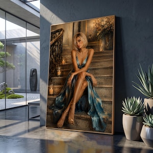 May include: A framed wall art print depicting a person with blonde hair wearing a long, flowing teal dress with a high slit, sitting on stone stairs. The scene includes a dark ornate railing, lit candles, and a floral arrangement in the background.