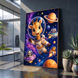 Könnte beinhalten: Ein gerahmter Wandkunstdruck mit einer Cartoon-Giraffe in einem weißen Astronautenanzug und Helm, die im Weltraum schwebt. Die Szene zeigt einen violetten Nebel, gelbe Sterne, einen großen orangefarbenen Planeten und kleine Raumschiffe mit Panda und Löwe.