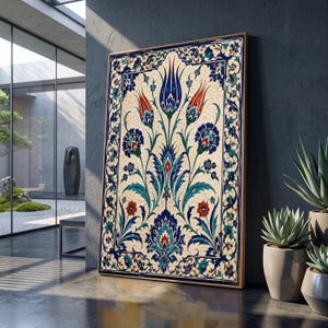 May include: A rectangular wall art piece featuring a cream-colored background with a symmetrical floral pattern in shades of blue, red, and green. The design includes central tulip motifs and intricate botanical borders, all enclosed in a thin wooden frame.