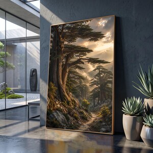 Könnte beinhalten: Ein rechteckiger gerahmter Wandkunstdruck mit einem Landschaftsgemälde eines Waldes mit großen Zedern, felsigem Gelände und einem Feldweg unter einem goldenen Sonnenuntergangshimmel mit Lichtstrahlen, die durch die Wolken dringen.