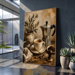 Rustic Coffee Still Life Canvas, Espresso Cup Wall Art, Kitchen Decor Canvas, Vintage Coffee Pot Canvas, Morning Coffee Theme Decoration