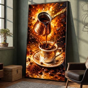 Elegant Turkish Coffee Pour, Rustic Copper Pot Canvas, Coffee Beans Splash, Warm Tone Kitchen Wall Art, Coffee Lover Home Decor