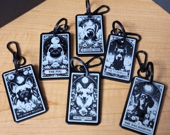 Engraved Dog Tarot Card Keychain: Black Acrylic Puppy Charm