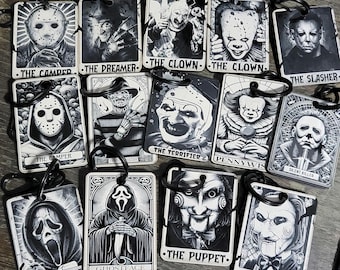 HORROR Tarot Card Engraved Black acrylic NEW DESIGNS keychains, Camper, Dreamer, Slasher, Clown, Terrifier, gym bag tag, purse tag, luggage