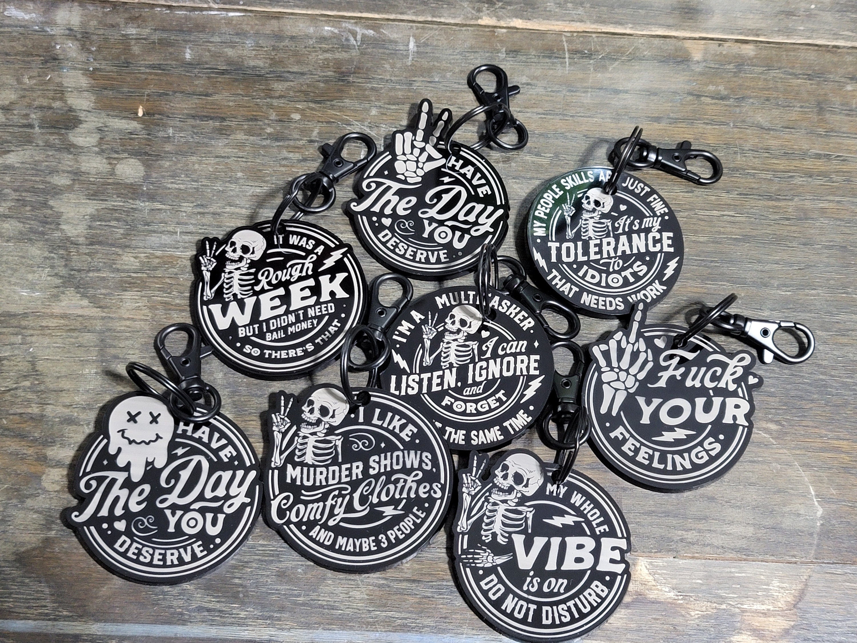 Engraved Black Acrylic Keychain: Funny Skeleton & Phrase Tag